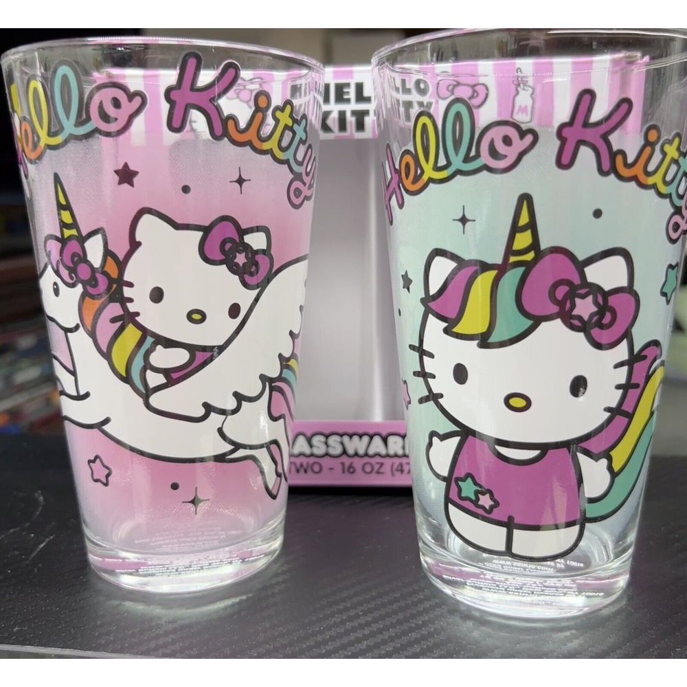 Hello Kitty Unicorn Rainbow 16-Ounce Pint Glasses |‎ Set of 2